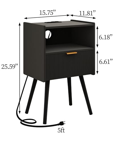 Black Nightstand with Outlet,Modern Bedside Table with Storage Drawer and Open Wood Shelf, for Living Room, Bedroom and Small Spaces, Accent Night Stand with Solid Wood Legs, Easy Assembly - color: Black-outlet