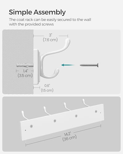 SONGMICS Wall-Mounted Coat Rack, Hook Rack, 4 Dual Metal Hooks, White | For Coats, Bags, Keys, in the Entryway, Bedroom, Living Room ULHR23WT - color: White, size: 1 Pack-4 Hooks