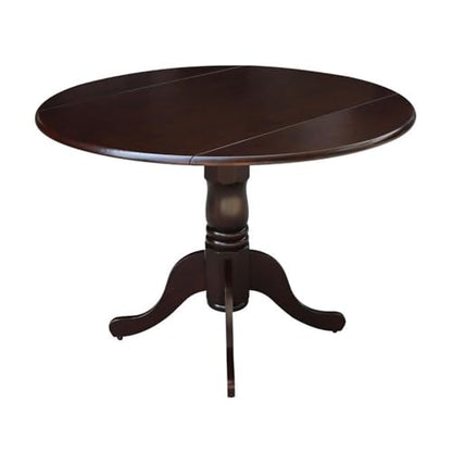 IC International Concepts, 42" Round Dual Drop Leaf Pedestal Dining Table, Solid Real Wood, Sturdy Parawood, Rich Mocha - color: Rich Mocha