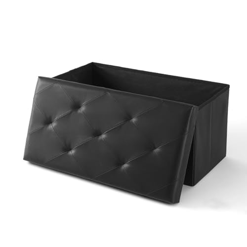 DUMOS 30 Inch Folding Ottoman with Storage Bench, Foot Rest Stool Ottoman | Upholstered End of Bed Storage Bench, Storage Ottoman Loads 660 Lbs for Bedroom, Living Room, Synthetic Leather, Black - color: Black, size: 15.2"D x 30"W x 15.2"H