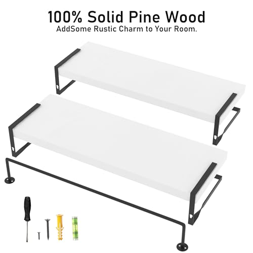 White Wood Floating Shelves Wall Mounted - 2+1 Tier Rustic Bathroom Wall Shelves Over Toilet with Towel Bar, Natural Wood Set of 2 Farmhouse Floating Shelf for Bathroom, Kitchen, Bedroom. - color: 2-tier White Bathroom Shelves, size: 2-Tier