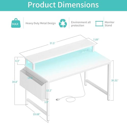 Lufeiya Small White Desk with LED Lights and Power Outlets, 32 Inch Home Office Computer Desks with Monitor Stand, Teen Writing Study Table Gaming Desk with Charging Station, White - color: White, size: 31.5"