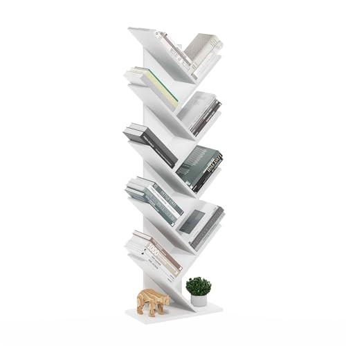 Furinno TREE Book Shelf, 9-Tier Bookshelf, Tree Bookcase with Angled Open Shelf, 8.4 x 15.7 x 50.9, for Room Decor, for Living Room, Bedroom, Home Office, White - color: White, size: 9-Tier Tree Bookcase