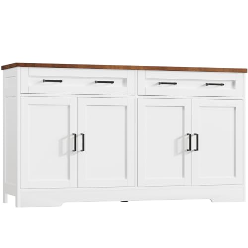 usikey 55" Buffet Cabinet with Storage and Drawers, Large Sideboard Buffet Cabinet with Adjustable Shelves and Doors, Modern Coffee Bar for Kitchen, Living Room, White - color: White, size: 55"W