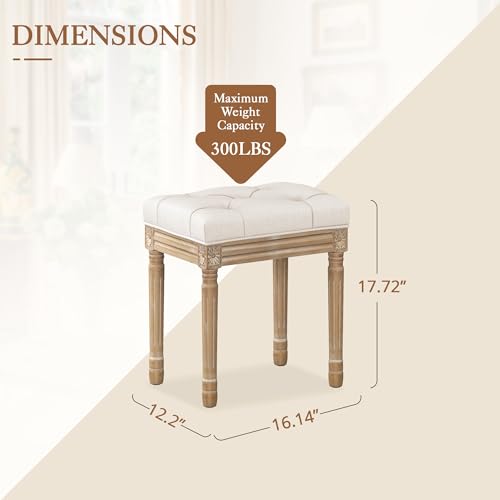 LUE BONA Upholstered Fabric Vanity Bench Seat, Makeup Stools for Vanity, Square Tufted Ottoman Bench with Carved Wood Color Legs for Bedroom Living Room, Beige - color: Beige and Wood