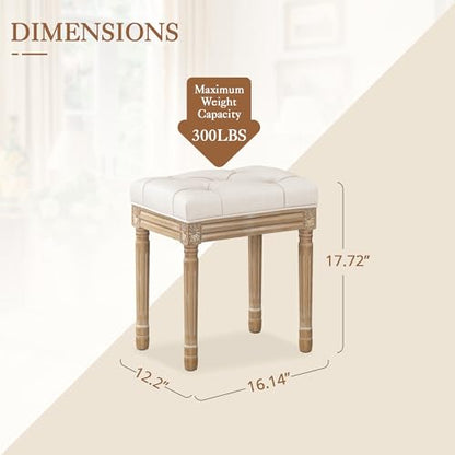 LUE BONA Upholstered Fabric Vanity Bench Seat, Makeup Stools for Vanity, Square Tufted Ottoman Bench with Carved Wood Color Legs for Bedroom Living Room, Beige - color: Beige and Wood