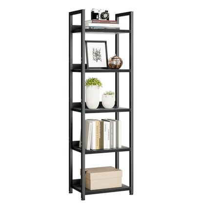 NUMENN Narrow Bookshelf, 5 Tier Bookshelves, Home Office Bookcase Shelf Storage Organizer, Free Standing Storage Shelving Unit for Bedroom, Living Room and Home Office, Black | Metal Frame & Wood Shelves, Falling Prevention Baffle, Open Storage Bookcase f