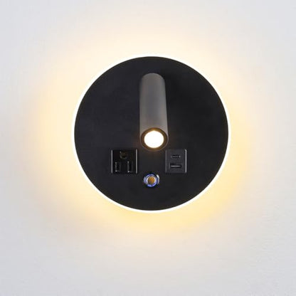 LED Round Wall Sconce with Dimmable Light, 6W+3W 3000K Night Light, Adjustable Plug-in Headboard Lamp with USB & USB-C Ports, Bedside Reading Light for Bedroom(Black) - color: Black
