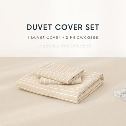 Wake In Cloud - Striped Cotton Duvet Cover Set, Ticking Stripe Vertical Pinstripe Farmhouse, 100% Washed Cotton Textured Bedding Set, 3 Pieces, Tan, Full Size - color: Tan, size: Full