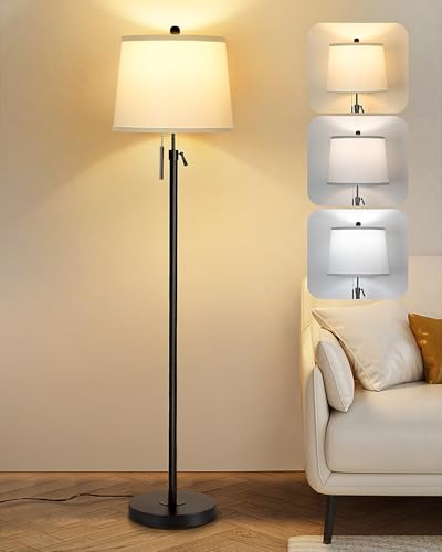 JUNNAI Black Floor Lamps for Living Room Adjustable Height Standing Lamp Modern Tall Pole Lamps for Bedroom Office with White Linen Shade 3 Color Temperature 9W LED Bulb Included - color: Black+White Shade