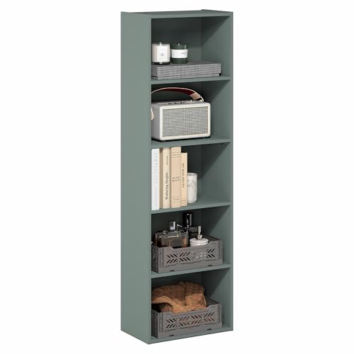 Furinno LUDER Book Shelf, 5-Tier Bookshelf, Bookcase with Open Shelves, 9.4 x 15.8 x 52, Easy Assembly, for Living Room, Bedroom, Home Office, Sage Green - color: Sage Green, size: 5-Tier