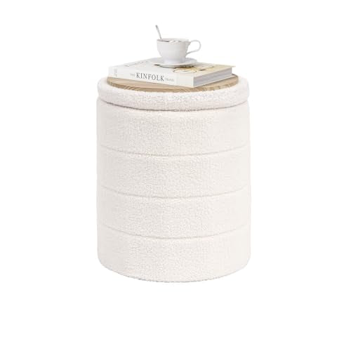 PINPLUS Round Storage Ottoman Foot Rest Stool with Tray Velvet Sherpa Folding Storage Ottoman,Boucle Foot Rest for Living Room, Bedroom, Dorm（White） - color: White, size: 14.6"D x 14.6"W x 17.7"H
