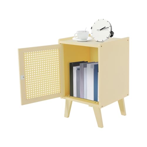 Nightstands Headboard with Legs, Boho End Table with Door, Wood Bedside Table for Bedroom, Dorm and Small Spaces (Creamy Beige) - color: Creamy Beige