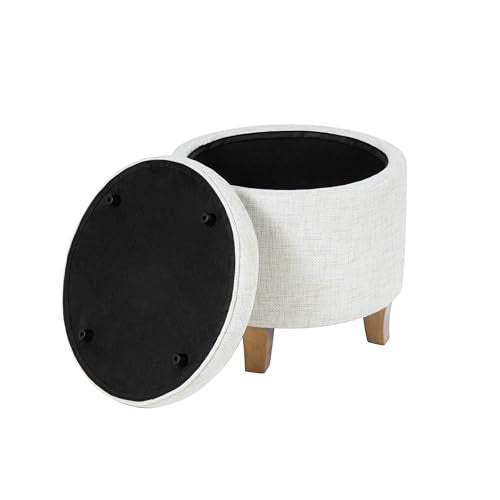 HomePop 19" Button Tufted Round Storage Ottoman - Cream Textured Solid - color: Cream Textured Solid