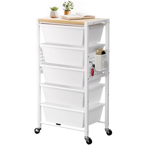 Rolling Cart with 5 Drawers, Plastic Drawer Storage Carts with Wheels & Wooden Tabletop, Metal Utility Cart with Pegboards, Office Living Room Classroom Craft Organization and Storage, Bright White - color: Bright White, size: 5-drawer