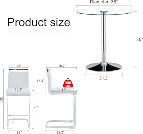 gopop 3 Piece Dining Table Set for 2, Modern Round Glass Counter Height Pub Table, Compact High Top with Bar Stools Pub Dining Set for Kitchen, Breakfast Room, Dining Room. (White, 3 Piece) - color: White