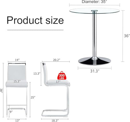 gopop 3 Piece Dining Table Set for 2, Modern Round Glass Counter Height Pub Table, Compact High Top with Bar Stools Pub Dining Set for Kitchen, Breakfast Room, Dining Room. (White, 3 Piece) - color: White