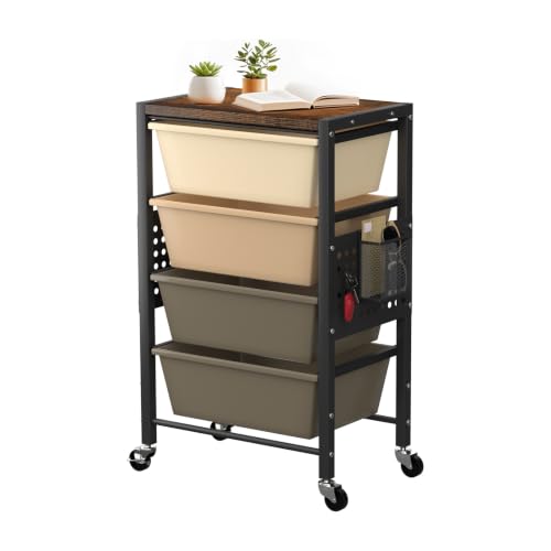 Rolling Cart with 4 Drawers, Plastic Drawer Storage Carts with Wheels & Wooden Tabletop, Metal Utility Cart with Pegboards, Office Living Room Classroom Craft Organization and Storage, Dark Brown - color: Dark Brown, size: 4-drawer