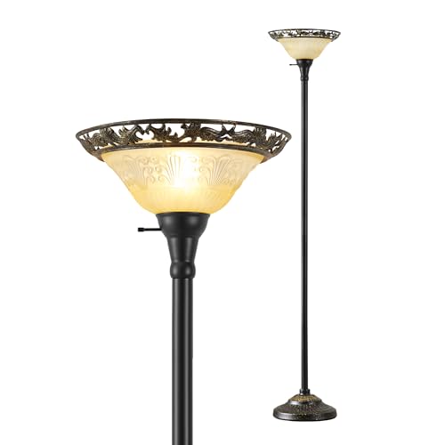 Luvkczc Torchiere Floor Lamps for Living Room, 70" Tall Standing Lamp | Etched Glass Shade, Metal Pole, Victorian Style Floor Lamp, Vintage tall lamp for Bedroom, Corner, Home Decor - color: Black,Yellow