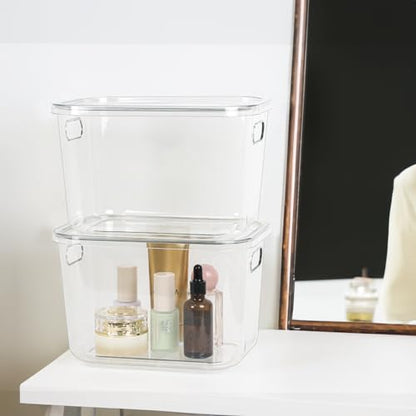 ZEXALOR 4PCS Clear Plastic Storage Bins with Lid, Stackable Pantry Cabinet Organizers and Storage, Lidded Storage Container Boxes for Organizing Kitchen,Closet,Dresser,Bathroom (4 Pack - 10.2×7×5.9“)