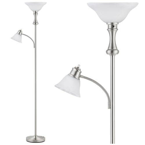 Torchiere Floor Lamp with Adjustable Angle Reading Lamp-Silver 71IN | Standing Lamp for Bedroom with Glass Shade, Tall Floor Lamp for Living Room Decor, Office, Corner, Knob Switch, Bulb Included - color: Silver