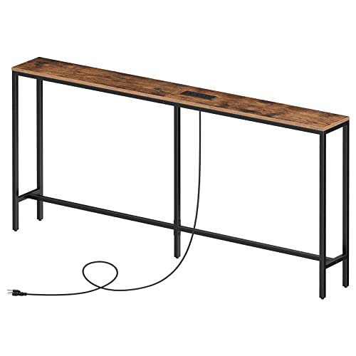 MAHANCRIS 63'' Skinny Console Table with Charging Station, 5.9" Slim Sofa Table Behind Couch, Long Entryway Tables, Narrow Sofa Hallway Table for Living Room, Foyer, Rustic Brown CTHR165E01Z1 - size: 5.9"D x 63"W x 31.7"H