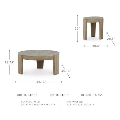 Signature Design by Ashley Coffee Table Set of 3, Round, with End Tables | 3-piece coffee and end table sets with faux cement tops and wood grain finish frames, Casual style, Guystone Series