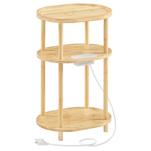 HOOBRO Small Side Table with Charging Station, Small End Table, 3-Tier Oval Bamboo Accent Table, Compact Sofa Bedside Table, for Living Room, Bedroom, Apartment, Natural YL177UBZ01 - color: Natural