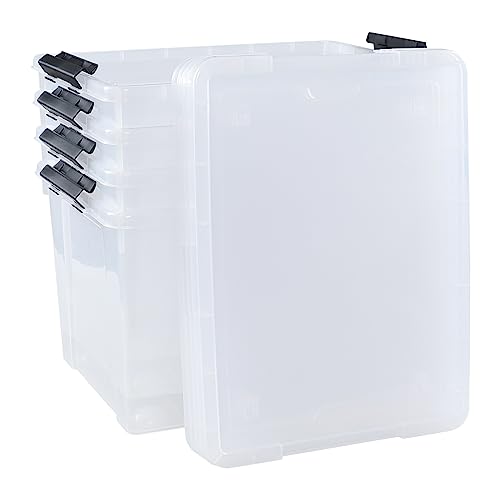 4-Pack 50 L Clear Plastic Storage Bin, Large Latch Box with Wheels | Heavy-duty plastic, bottom rolling wheels, large capacity storage box, suitable for closet, garage and attic storage - size: 50 L