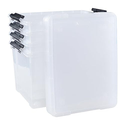 4-Pack 50 L Clear Plastic Storage Bin, Large Latch Box with Wheels | Heavy-duty plastic, bottom rolling wheels, large capacity storage box, suitable for closet, garage and attic storage - size: 50 L