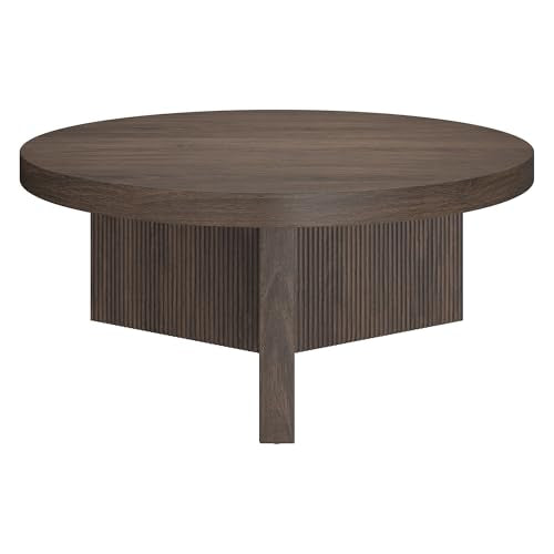 Henn&Hart 36" Scandinavian Fluted Coffee Table, Rich Brown | Ribbed pedestal base and low profile bring Scandinavian style to small spaces including living rooms or family rooms - color: Rich Brown, size: 36 inches