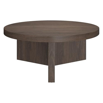 Henn&Hart 36" Scandinavian Fluted Coffee Table, Rich Brown | Ribbed pedestal base and low profile bring Scandinavian style to small spaces including living rooms or family rooms - color: Rich Brown, size: 36 inches