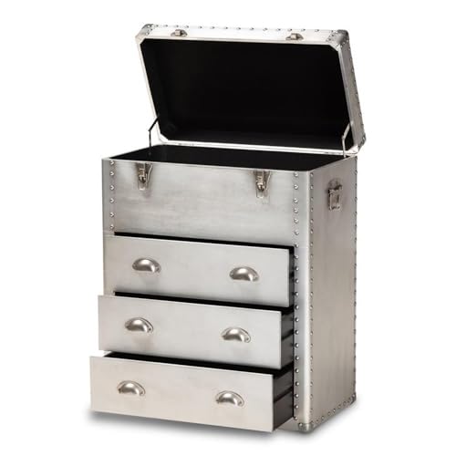 BOWERY HILL 3-Drawer Mid-Century Metal Accent Storage Chest, Silver Finish, Wood and Metal Construction, Vintage-Inspired Rivet Details, Lift-Top Compartment, Bedroom, Living Room, or Entryway Use