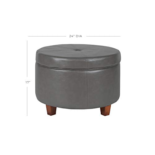 HomePop Round Leatherette Storage Ottoman with Lid, Charcoal Grey Large - color: Gray Faux Leather