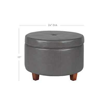HomePop Round Leatherette Storage Ottoman with Lid, Charcoal Grey Large - color: Gray Faux Leather
