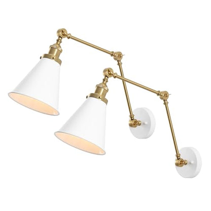 JONATHAN Y Rover 1-Light Wall Sconce 7", White/Brass Gold, Set of 2 | Adjustable Arm, Hardwired Bedside Reading Swing Arm, Farmhouse Cone Shade, Metal Hardwired Indoor Fixture, LED Bulbs Included - color: White/Brass Gold, size: Set of 2