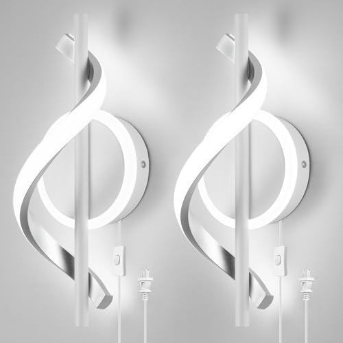 LED Wall Sconces Indoor, 12W Plug In Wall Sconces Set of 2, Modern Spiral Wall Lamp, Bedside Wall Lamps, 6000K Cold White Wall Light Fixture for Bedroom Stairs Living Room Hallway (Cold White, White) - color: White-Cool White
