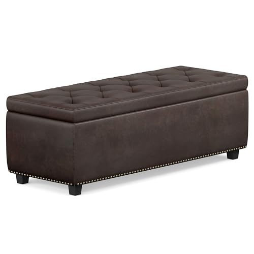 SIMPLIHOME Kingsley 48" Wide Vegan Leather Storage Ottoman in Natural | Distressed brown, transitional ottoman with tufting and lift-up lid; rectangle storage bench for living room or entryway. - color: Distressed Brown, size: 48 inch