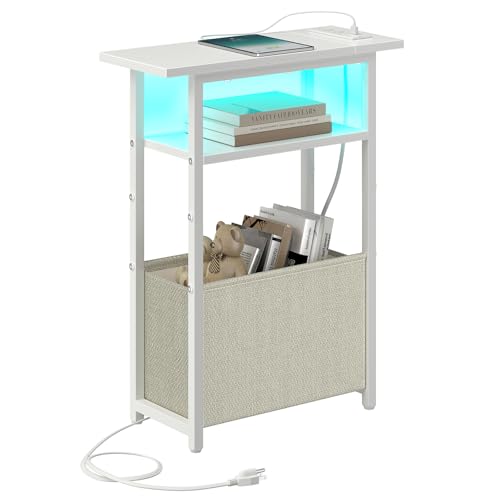 sthmec Narrow Side Table with Charging Station, LED End Table for Small Spaces, White Skinny Nightstands with Storage Basket, 3 Tier Sofa Bedside Tables for Living Room,Bedroom, White - color: White, size: Power & LED