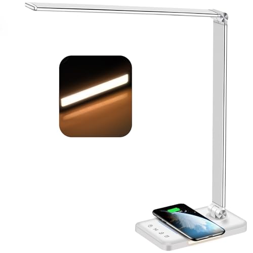 AFROG Multifunctional LED Desk Lamp with Wireless Charger, USB Charging Port, 5 Lighting Modes,5 Brightness Levels, Sensitive Control, 30/62 min Auto Timer, Eye-Caring Office Lamp with Adapter - color: White