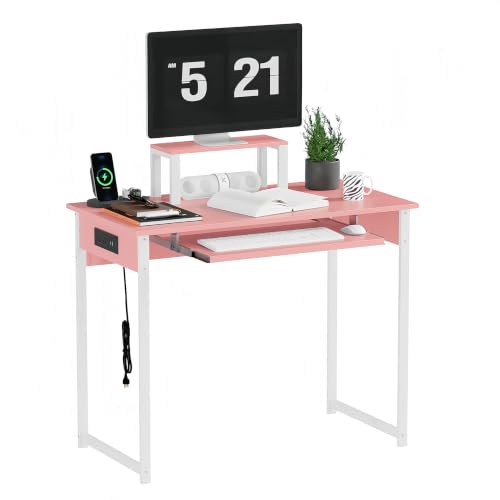 ALISENED Computer Desk with Keyboard Tray and Monitor Stand, 37.5 Inch Small Desk with Power Outlets & USB Ports for Bedroom Home Office, Compact Gaming Desk Shelf, Pink (Pink, 37.5") - color: Pink, size: 37.5"