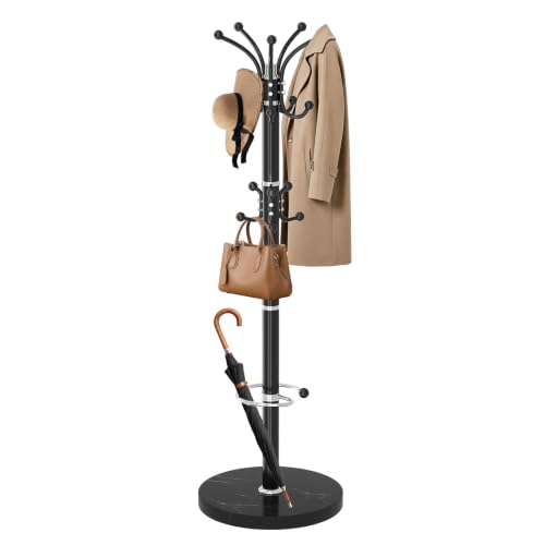 Metal Coat Rack, Modern Coat Rack Stand, 360°Rotary Coat Tree Stand | Heavy Duty Coat Rack Freestanding with Natural Marble Base, Black Clothes Tree Hanger Stand with 14 Hooks & Umbrella Holder - color: Black-16Hooks