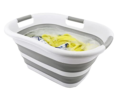 SAMMART 30L (7.9 gallon) Collapsible Plastic Laundry Basket - Foldable Pop Up Storage Container/Organizer - Portable Washing Tub - Space Saving Hamper/Basket (1, White/Grey) - color: White/Grey