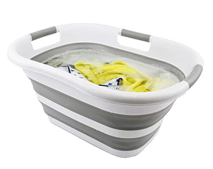 SAMMART 30L (7.9 gallon) Collapsible Plastic Laundry Basket - Foldable Pop Up Storage Container/Organizer - Portable Washing Tub - Space Saving Hamper/Basket (1, White/Grey) - color: White/Grey