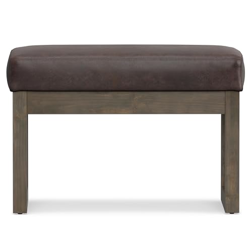 SIMPLIHOME Milltown 27" Wide Vegan Leather Ottoman in Distressed Brown | Contemporary ottoman with a cushioned seat for bedroom seating; rectangle footstool, footrest or bench. - color: Distressed Brown, style: Small Ottoman Bench