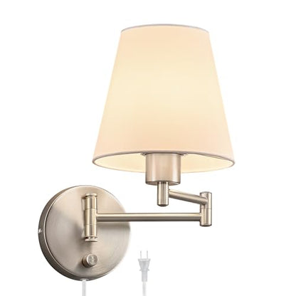 VONLUCE Wall Lamp, Plug in & Swing Arm Wall Sconce, Nickel Finish | Modern Wall Lights with White Fabric Shades, Plug in & Hardwired Wall Mounted Light for Bedside, Living Room, Hallway - color: Nickel, size: 1 Pack