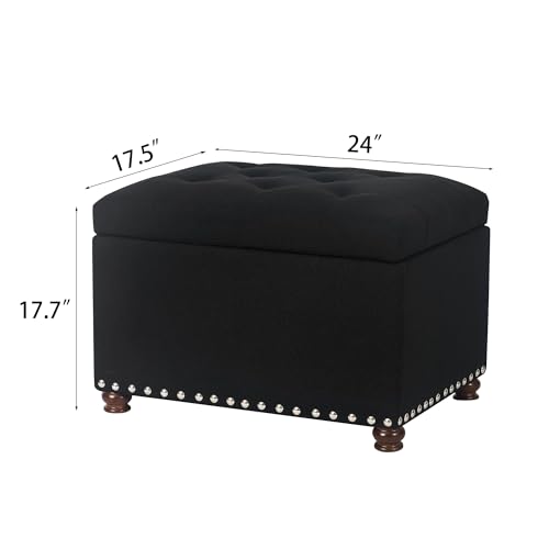Ottoman with Storage,24" Fabric Ottoman Foot Rest with Hinged Lid Small Rectangle Upholstered Tufted Foot Stools Ottomans for Bedroom Living Room Entryway,Black - color: Dark Black