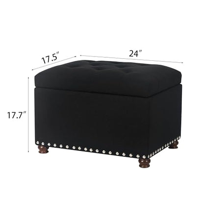 Storage Ottoman Bench, Rectangle 24″ Linen Foot Rest Stool Square Footstool for Living Room, Bedroom, Black - color: Line Black