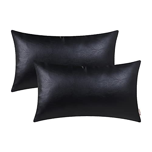 BRAWARM Faux Leather Throw Pillow Covers 12 X 20 Inches - Black Leather Lumbar Pilow Covers Pack of 2, Solid Dyed Leather Pillowcases for Couch Bed Sofa Garden Home Decorative - color: Black, size: 20" x 12" (Pack of 2)