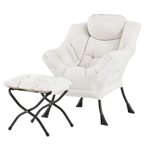 Lazy Chair with Ottoman, Comfy Reading Accent Chair, Beige | Foldable Footrest, Padded Seat and Backrest, Side Pocket for Lounging in Living Rooms, Bedrooms, Dorms and Small Spaces - color: Peach Skin Beige
